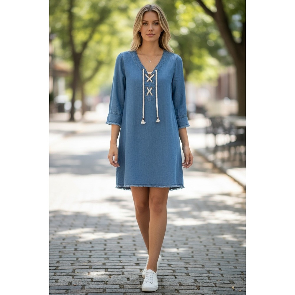 NEW! Michael Stars Womens Small Tencel Lace‎ Up Shift Dress Blue Frayed Hem